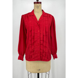 Vintage LeFolio Red Pleated Secretary Cottage Blouse Shirt Long Sleeve Retro 10